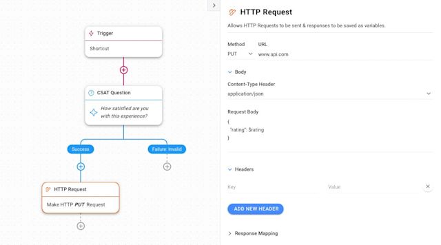 Image showing how to submit customer satisfaction ratings to a CRM with an HTTP Request Step using respond.io Workflows