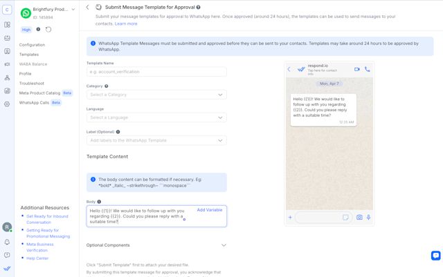 Image showing the submit message template approval step.