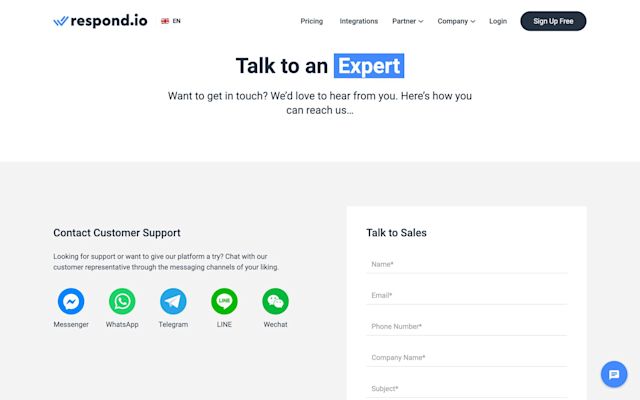 This is an image of WhatsApp Click to Chat link on respond.io Contact Us page. A WhatsApp Click to Chat link encourages your leads to start a WhatsApp conversation. When clicked, the WhatsApp Click to Chat link takes leads to a new WhatsApp conversation in the app.