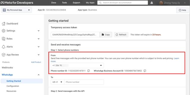 The number you’ve added will be shown in the Send and receive messages section. You have connected your phone number with your WhatsApp Cloud API account! Now that you've set up WhatsApp Cloud API on your Facebook Developer Account, you need to connect it to a messaging inbox like respond.io to start sending and receiving messages.