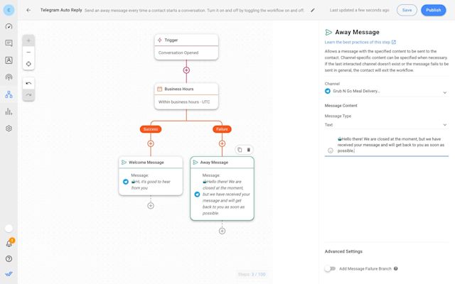 Publish the Workflows to automate replies on Telegram