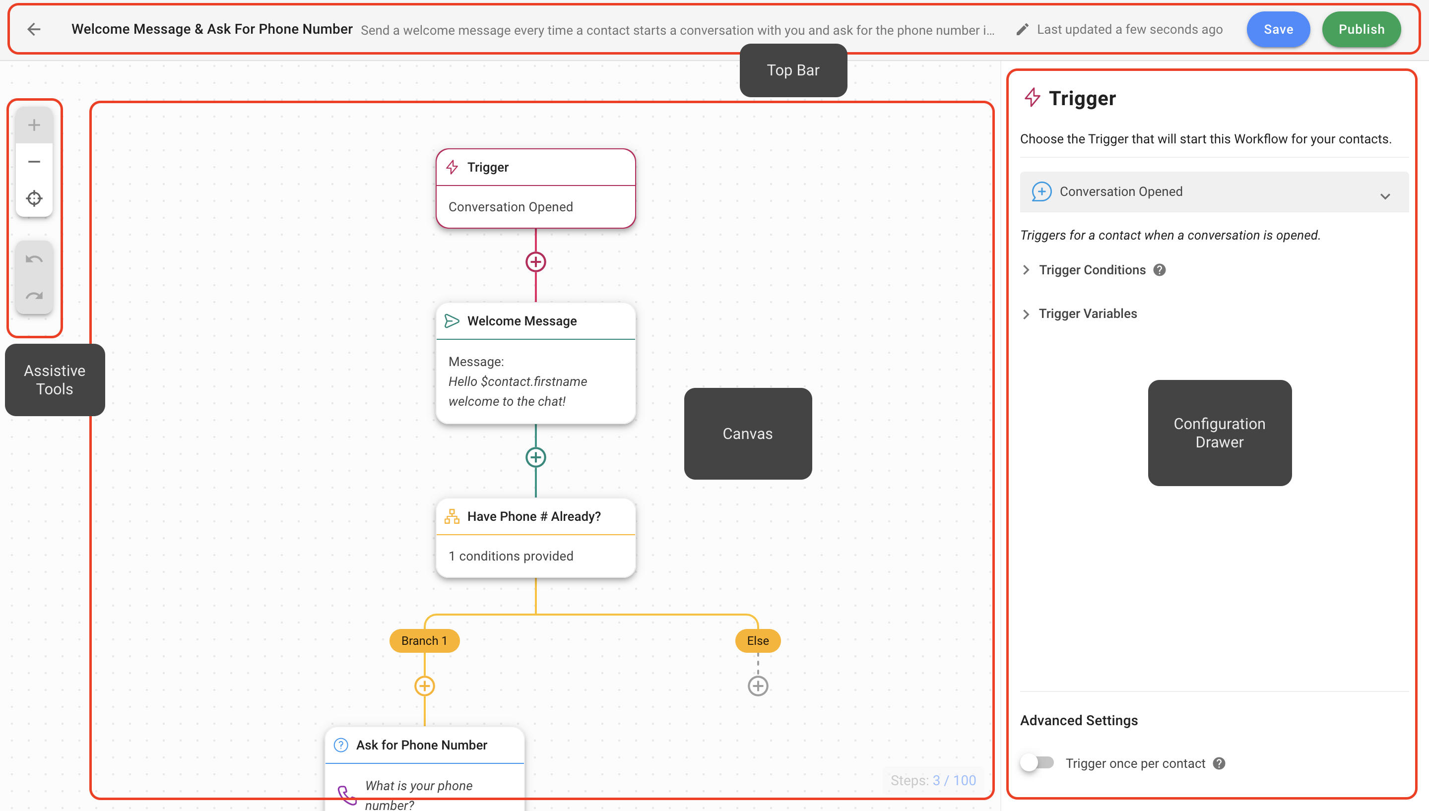 Respond.io’s Workflows Module features a visual automation builder to automate processes like FAQs, chat routing, case escalations, and CRM integrations for streamlined business operations, a superior Sleekflow alternative.