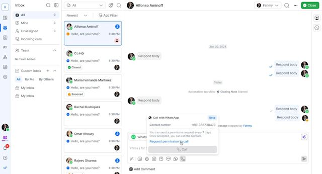 A screenshot of the respond.io platform showing how to send a WhatsApp Business Calling API permission request