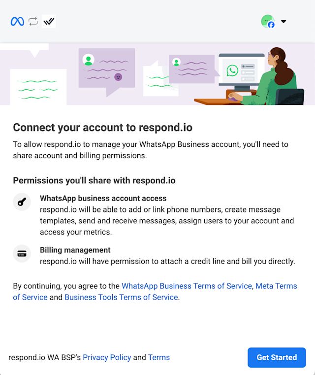 This image shows how you must click Get Started to connect your WhatsApp Business API account to respond.io. 