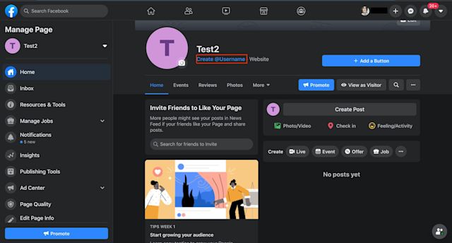 This is an image of a new business page. After creating it, you should create a username for your page too. This will be useful later when you create chat links so customers can find and message your page more easily. 