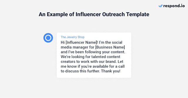 This is an image that show an instagram dm examples of how to reach out to influencer. 2. "Hi [Influencer Name]! I'm the social media manager for [Business Name] and I've been following your content. We're looking for talented content creators to work with for our brand. Let me know if you're available for a call to discuss this further. Thank you!