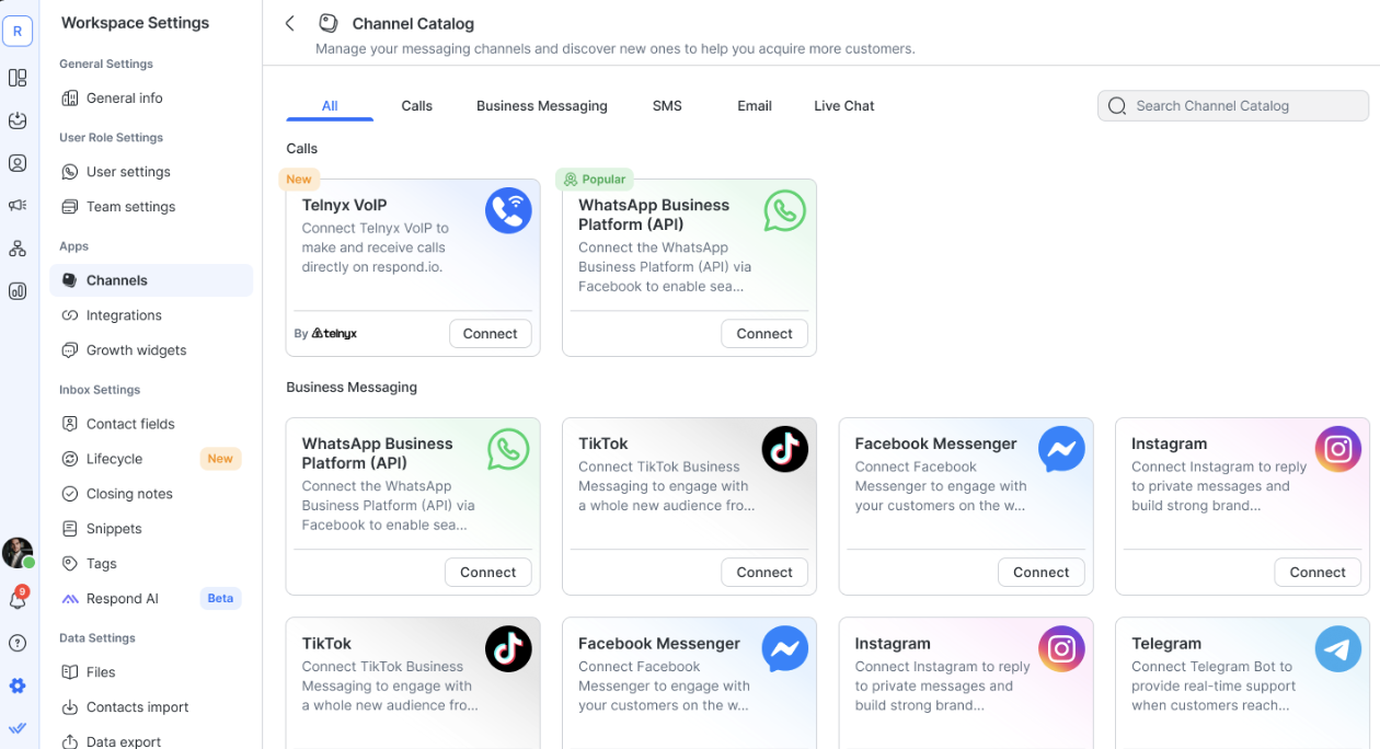 Image depicting how to pick Telnyx VoIP from the list of supported channels.