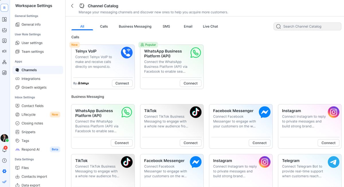 Image depicting how to pick Telnyx VoIP from the list of supported channels.