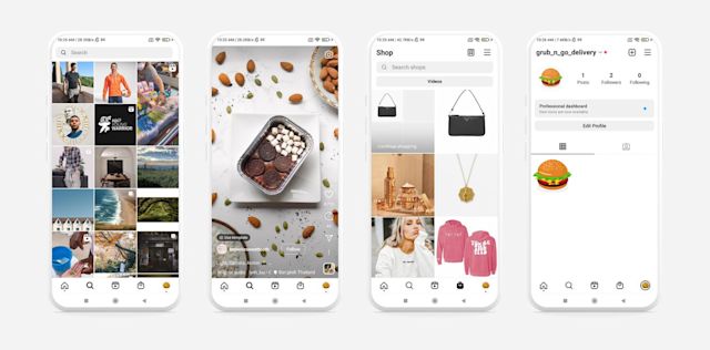 Instagram interface showing the Explore tab for discovering posts from public accounts, a search bar for finding accounts, hashtags, audio, and places, and tabs for Reels, Shop, and Profile for managing your account and settings.