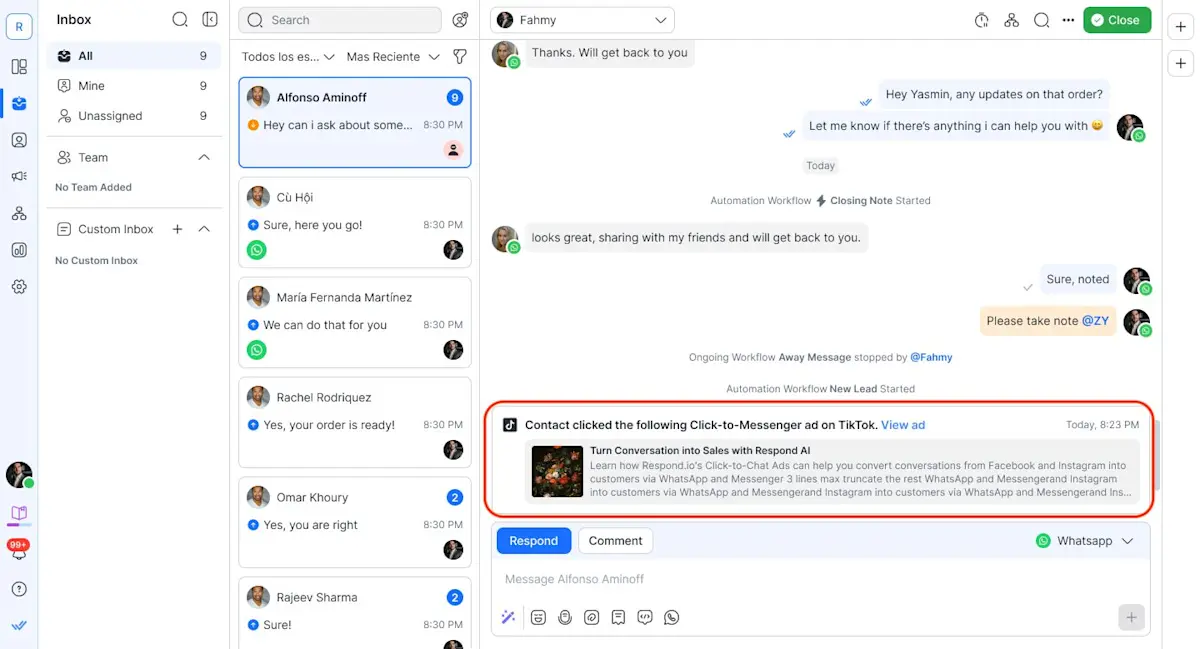 Immagine che mostra la casella di posta di respond.io che indica che è arrivata una risposta a un annuncio di chat con clic