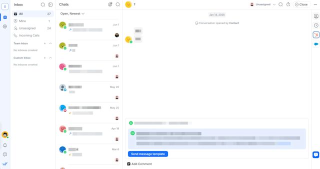 an image showing respond.io's Omnichannel inbox which supports WhatsApp API along other popular messaging channels like Messenger, Instagram and TikTok