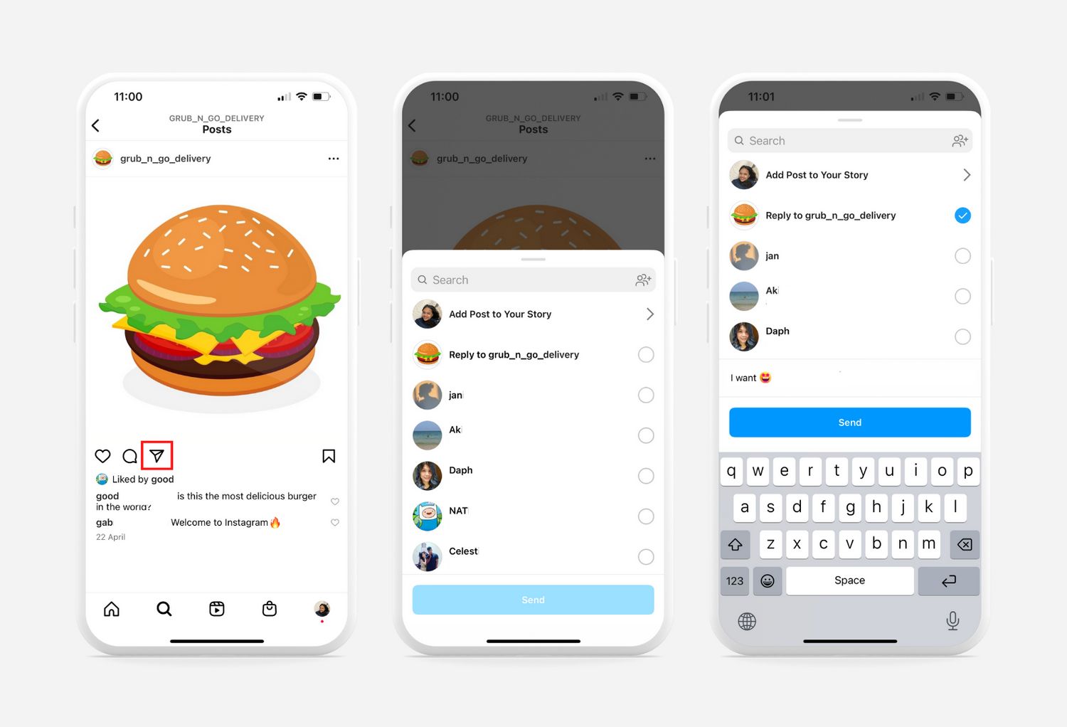 Immagine di Instagram Messaging per gli affari: icona aereo di carta. Messaggio diretto Instagram per business: I clienti possono avviare una chat cliccando sull'icona del piano carta sotto un post e selezionando l'opzione di risposta.