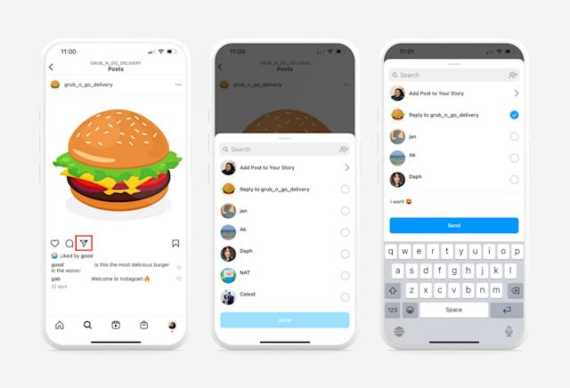 Image of Instagram Messaging for business: Paper plane icon. Instagram Direct Message for business: Customers can start a chat by clicking the paper plane icon under a post and selecting the reply option.