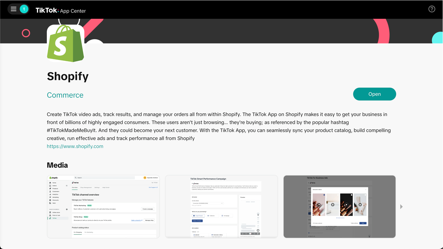 A screenshot of Shopify integration on TikTok