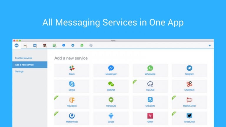 Captura de pantalla mostrando los servicios de mensajería instantánea que Franz soporta