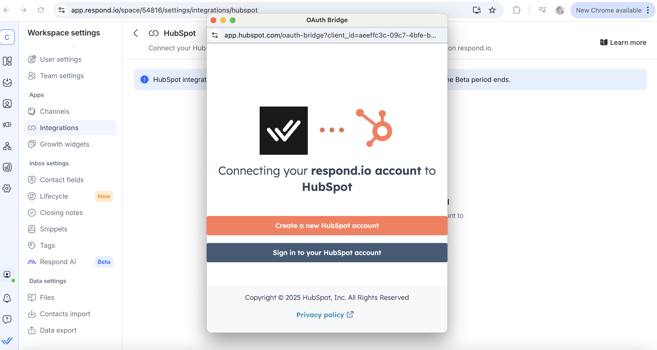 Screenshot showing how to give HubSpot authorization to connect to respond.io