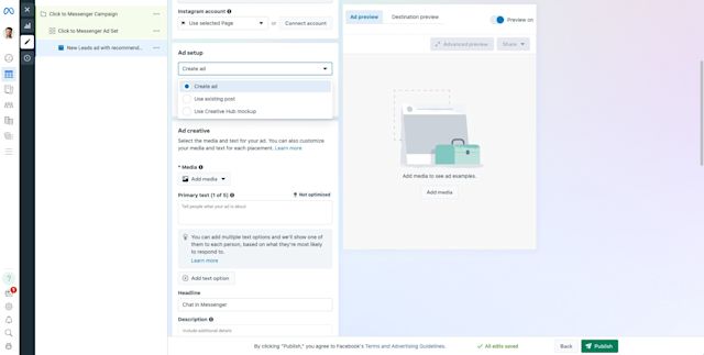 This image shows how to create ads Facebook Messenger in the Meta Ads Manager. Choose your ad format.