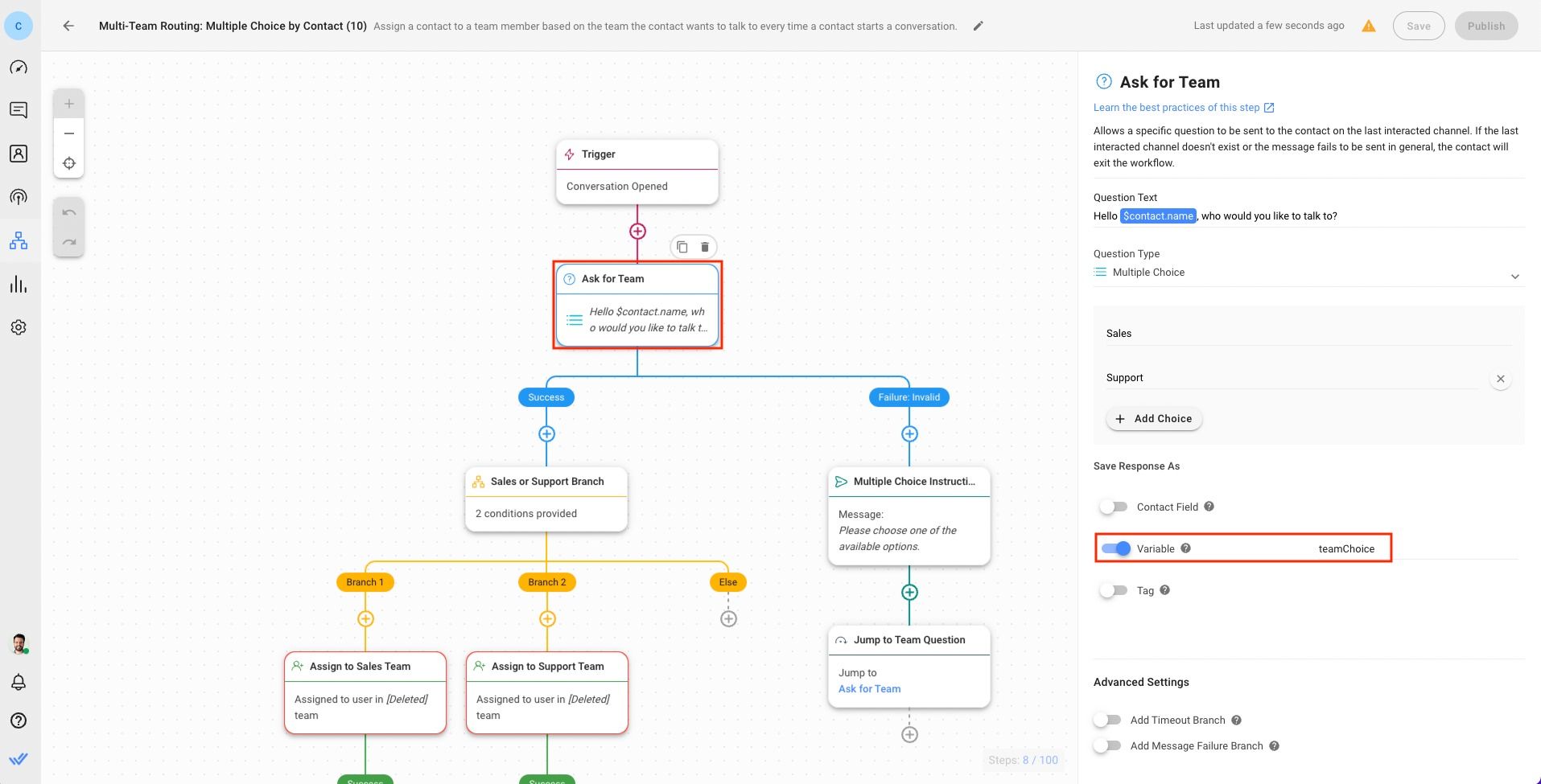 Questa immagine mostra il secondo passo per creare un router di chat con respond.io Workflows: Salva la risposta