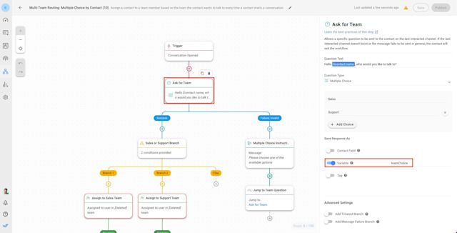 This image shows the second step to build a chat router with respond.io Workflows: Save the answer