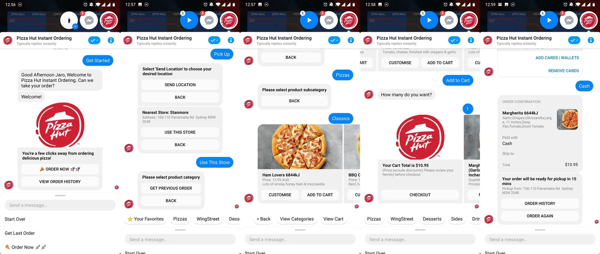 Hình ảnh này hiển thị luồng đặt hàng của Chiến dịch Messenger Đặt hàng tức thời của Pizza Hut