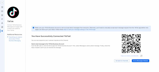 A screenshot showing what a successfully connected TikTok Business Messaging channel looks like