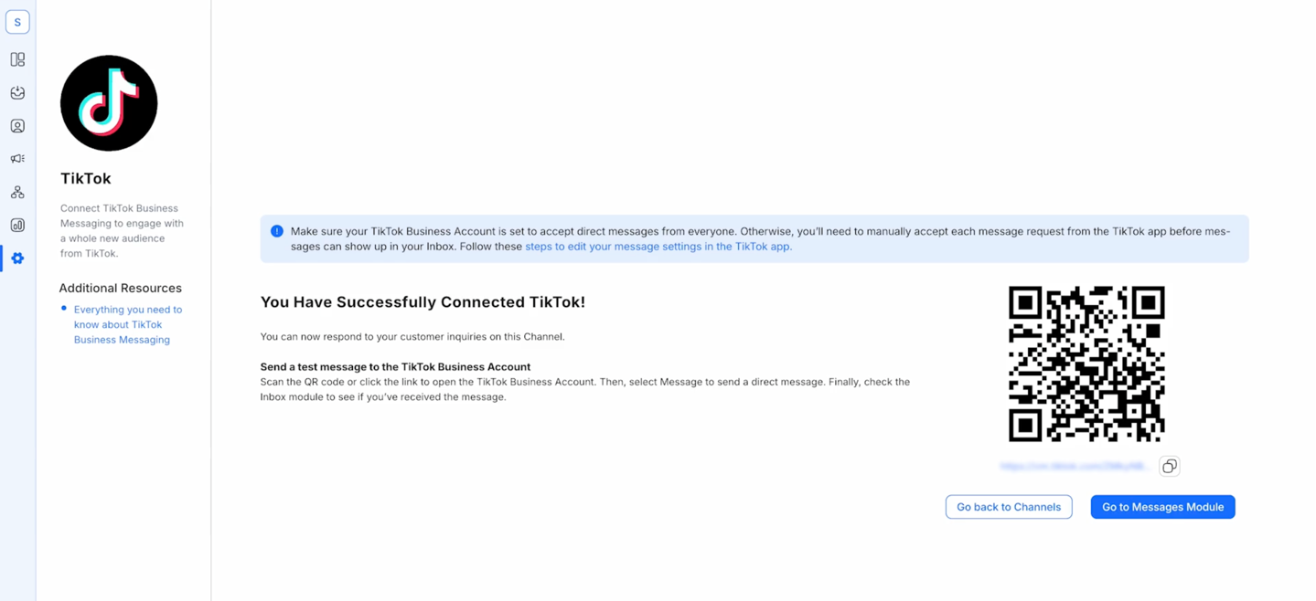 A screenshot showing what a successfully connected TikTok Business Messaging channel looks like