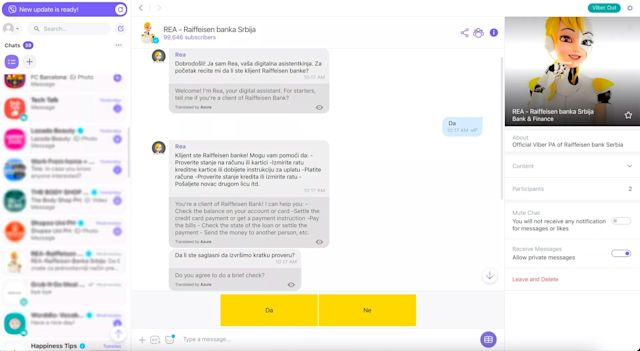 Screenshot of Viber chat conversations to show how Raiffeisen Bank is using Viber customer service