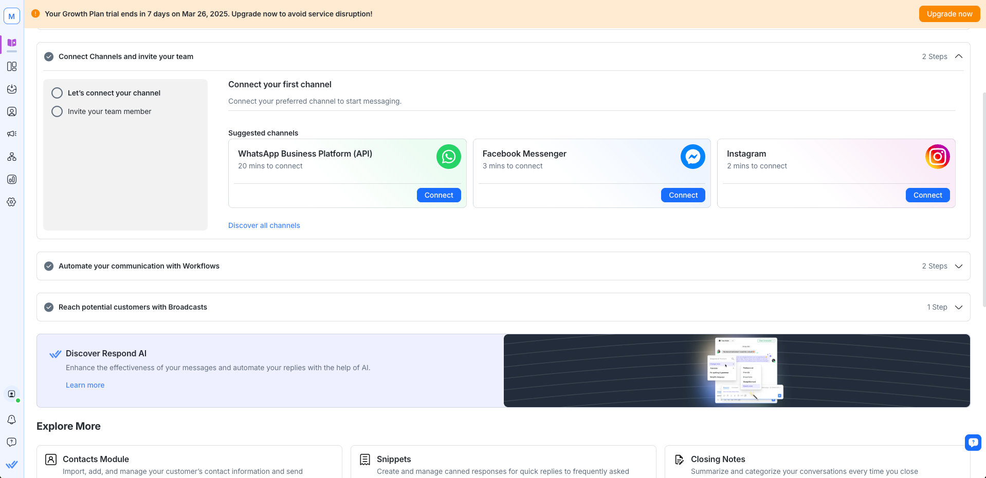 An image showcasing respond.io’s onboarding experience, designed to help users get started quickly and efficiently. The interface walks new users through key setup steps, such as connecting messaging channels, inviting team members, setting up automation workflows, and sending their first message. With a user-friendly layout and guided instructions, the onboarding experience ensures a seamless transition into the platform, making it easy for businesses to start managing conversations right away.