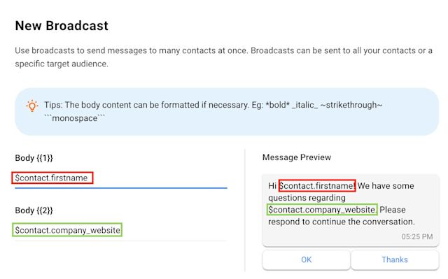 Using variables to broadcast message on WhatsApp