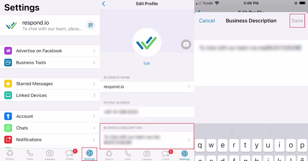 This is an screenshot that shows how to add business whatsapp description on whatsapp business app.