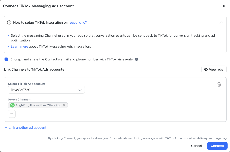 A screenshot of the TikTok Messaging Ads set up on respond.io