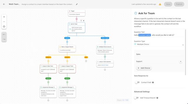 This image shows chat routing and agent assignment with respond.io's Workflows