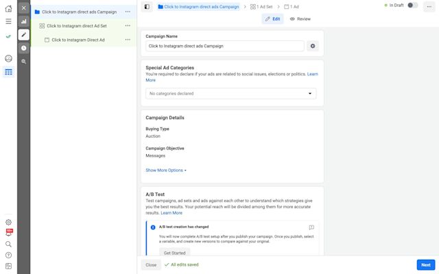 This is an image about how to create Click to Instagram Direct Ads . To create Click to Instagram Direct Ads,  edit the Campaign Name and Campaign Details. 
