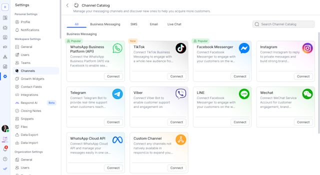 A screenshot of the Channel Catalog in respond.io. From here Connect to TikTok Business Messaging