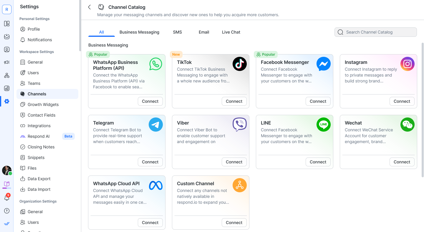 A screenshot of the Channel Catalog in respond.io. From here Connect to TikTok Business Messaging