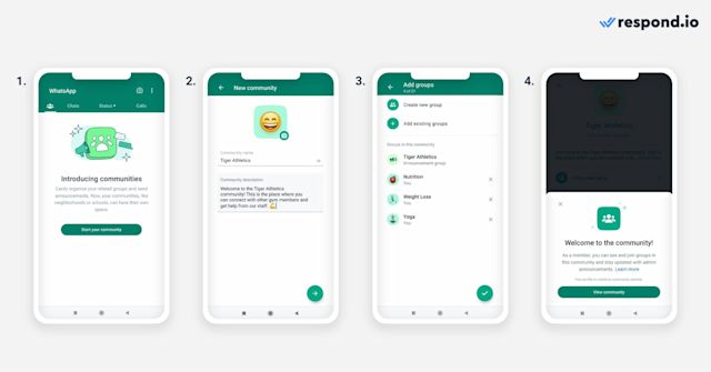 This image shows how to create communities on WhatsApp. If WhatsApp Communities is already available in your country, you’ll have the option to create one from the WhatsApp app on your phone or desktop. To create a WhatsApp Community, open WhatsApp on your device of choice and follow these steps