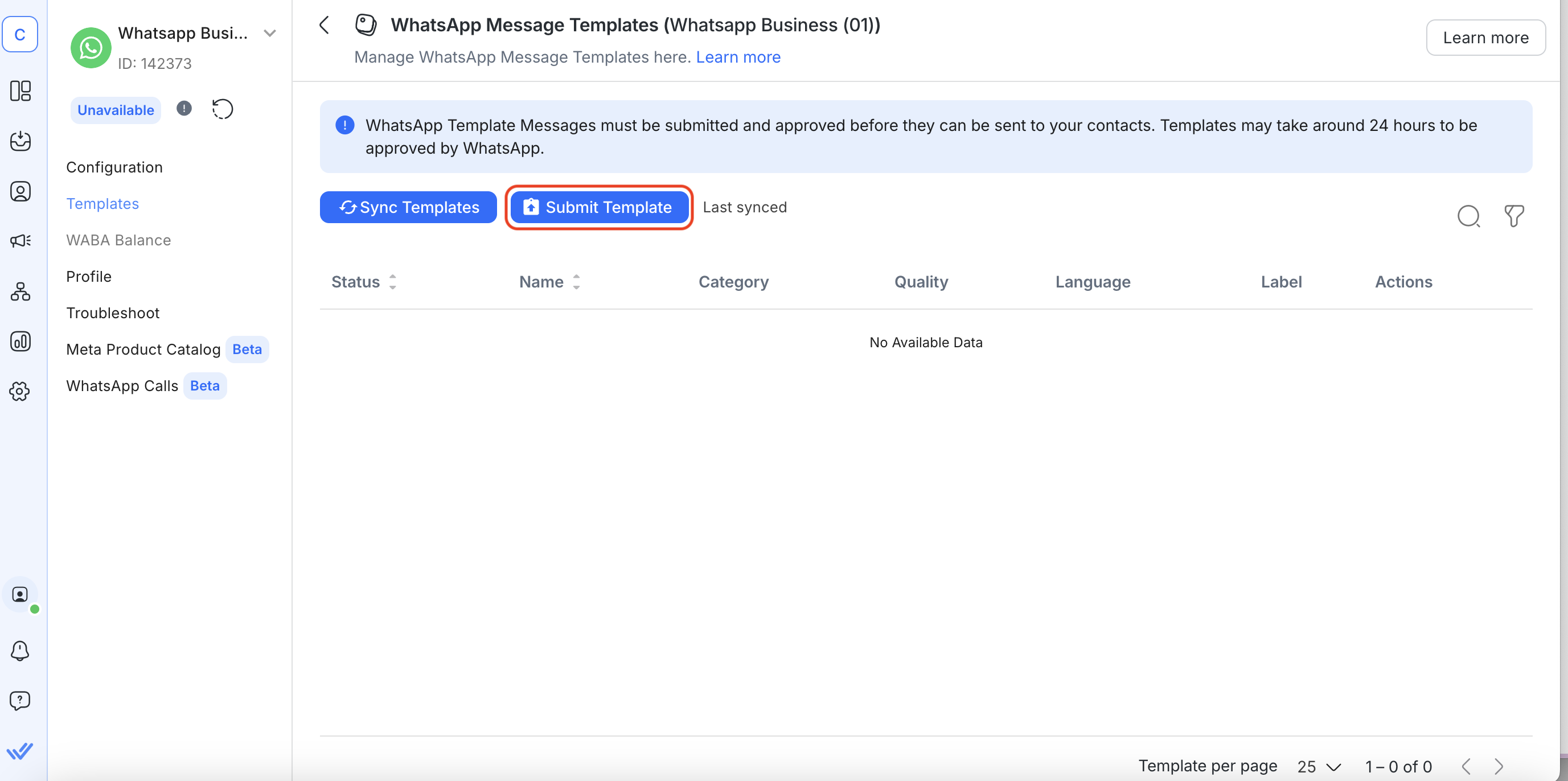 This image shows how to submit WhatsApp Messages Templates from respond.io. Click Submit Templates.