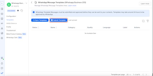 This image shows how to submit WhatsApp Messages Templates from respond.io. Click Submit Templates.