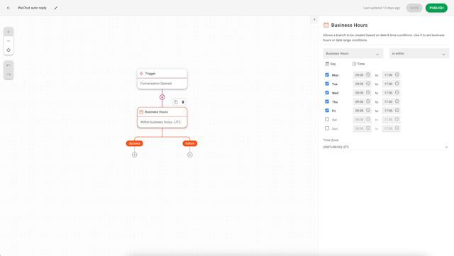 This is a screenshot that shows the third step to setting auto replies on respond.io. Add the Date & Time Step to set your business hours.