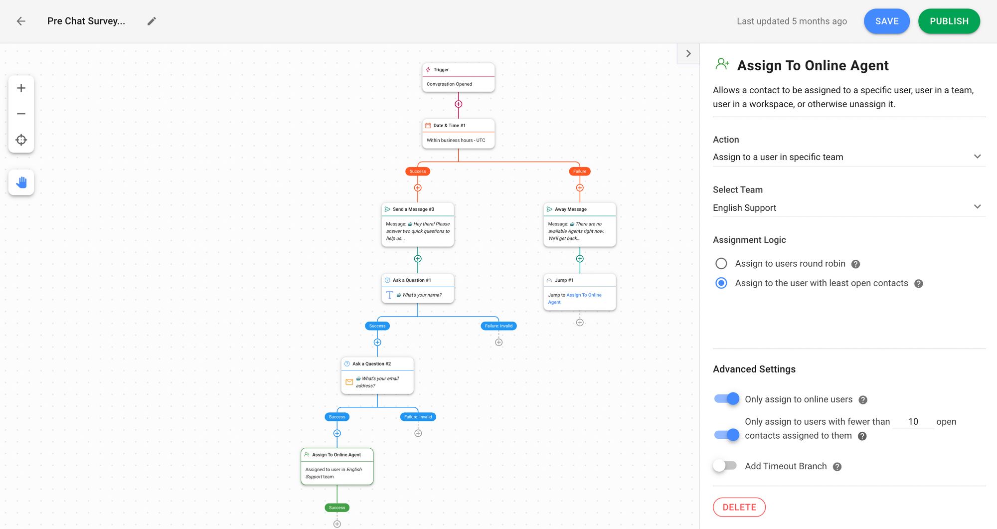 Flux de travail Respond.io : Exemples de logique d'assignation et de Message Absent