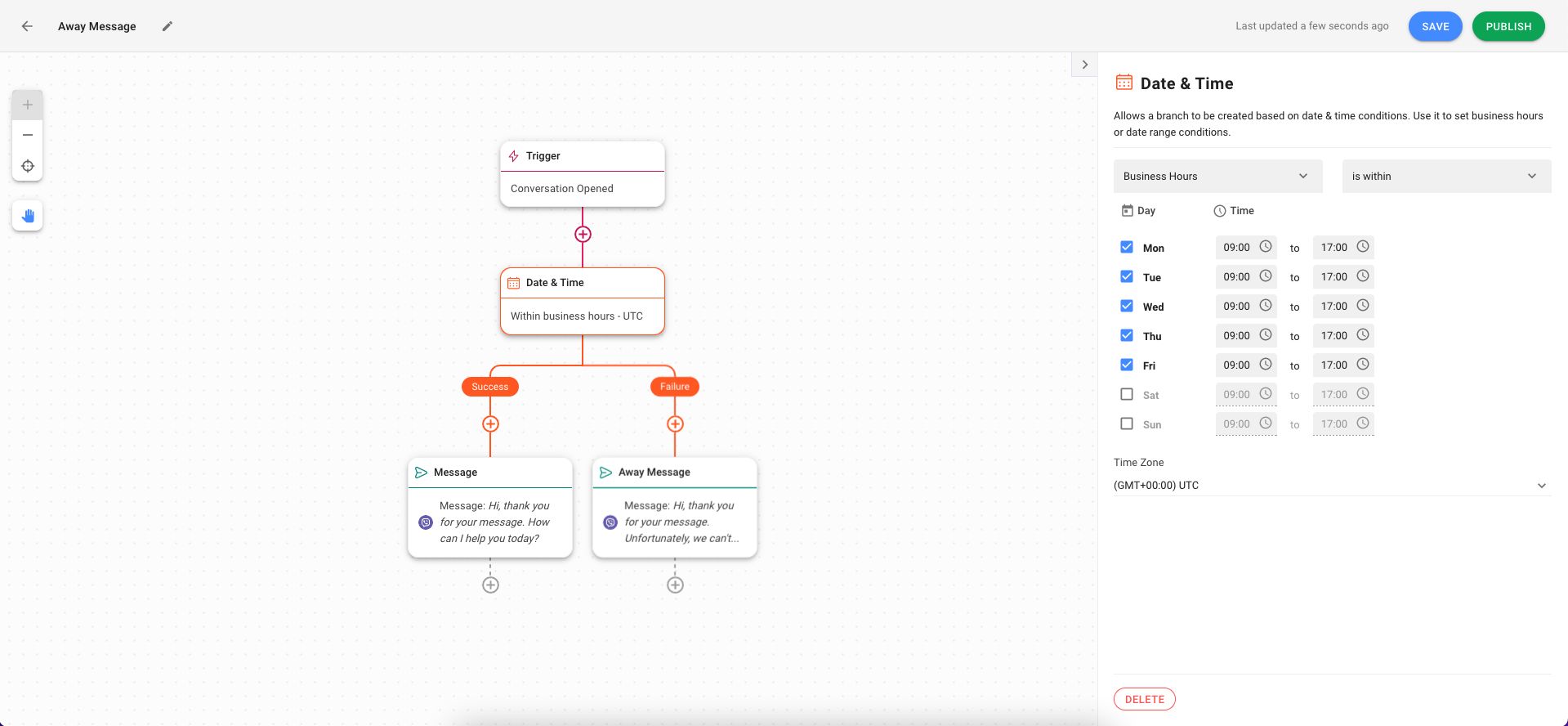 This is a screenshot of how to set up away messages on workflows. Businesses can build a workflow to send away messages outside of business hours.