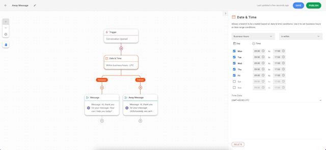 This is a screenshot of how to set up away messages on workflows. Businesses can build a workflow to send away messages outside of business hours.