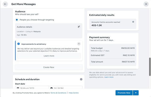 Define the target audience, schedule and duration for the ad