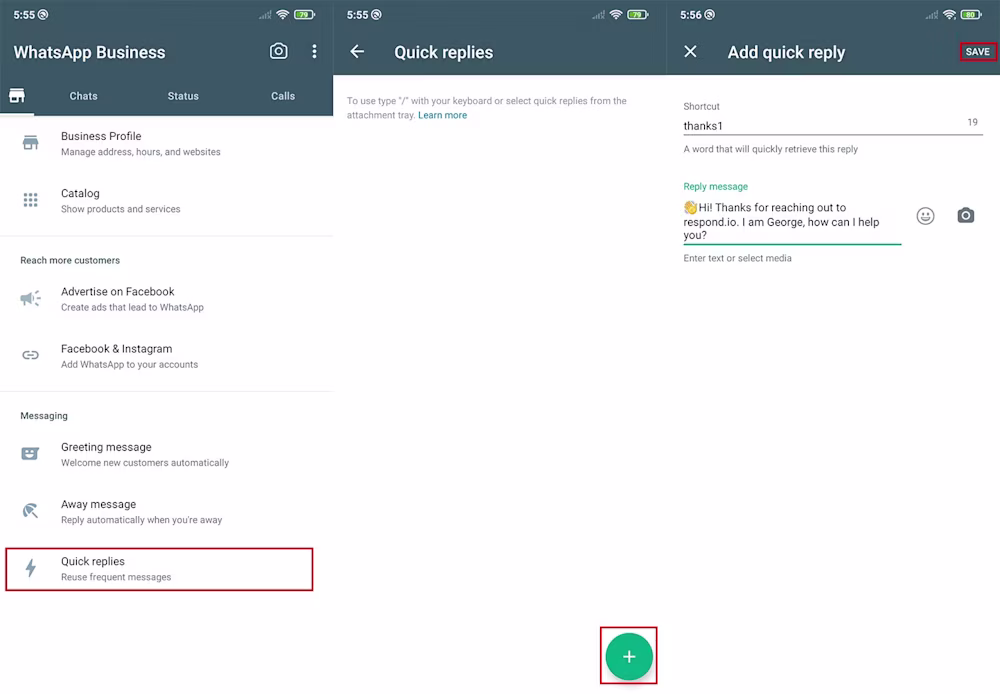 an image showing how to set up quick reply whatsapp