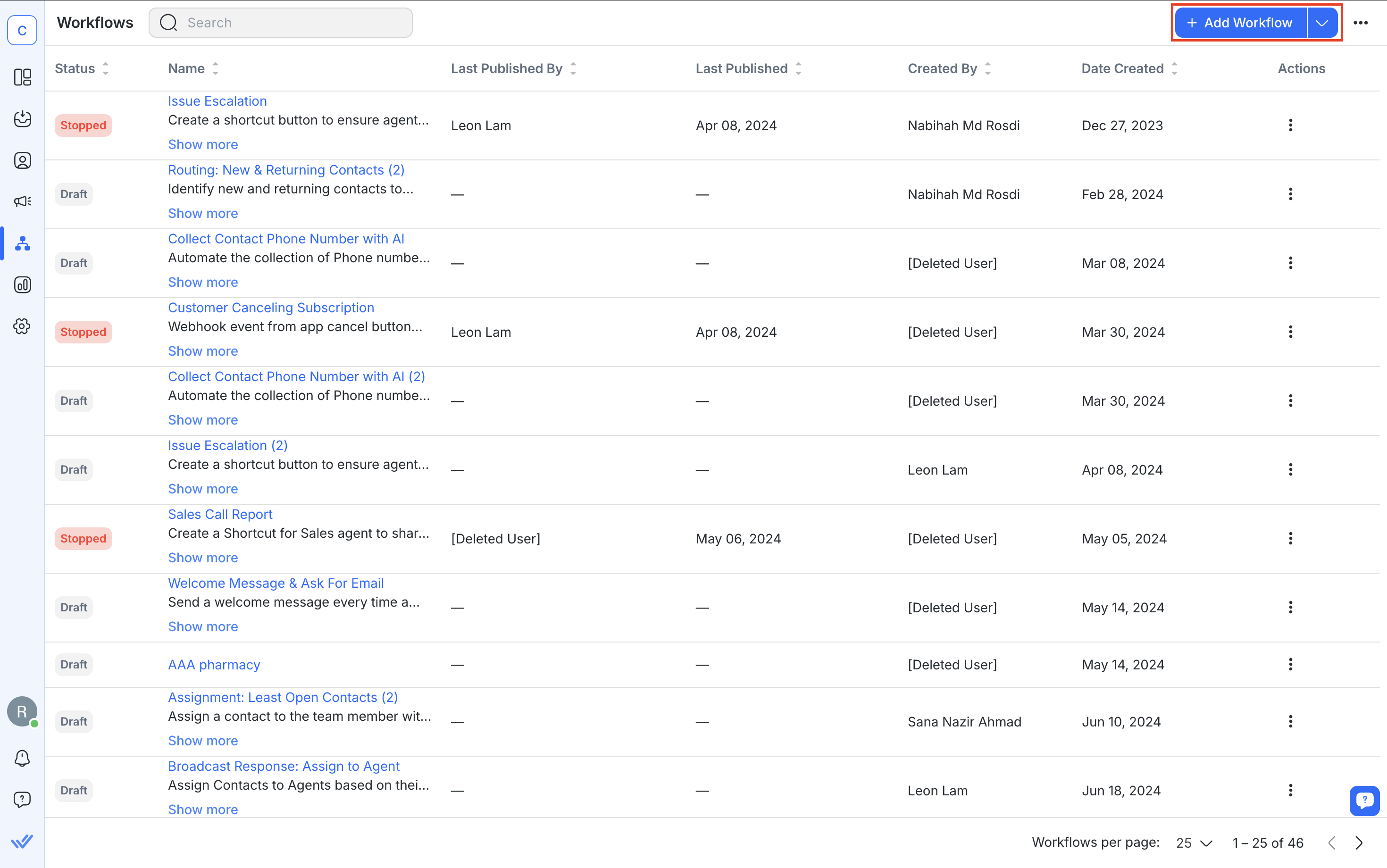 Hình ảnh mô tả cách thêm một Workflow mới trên respond.io