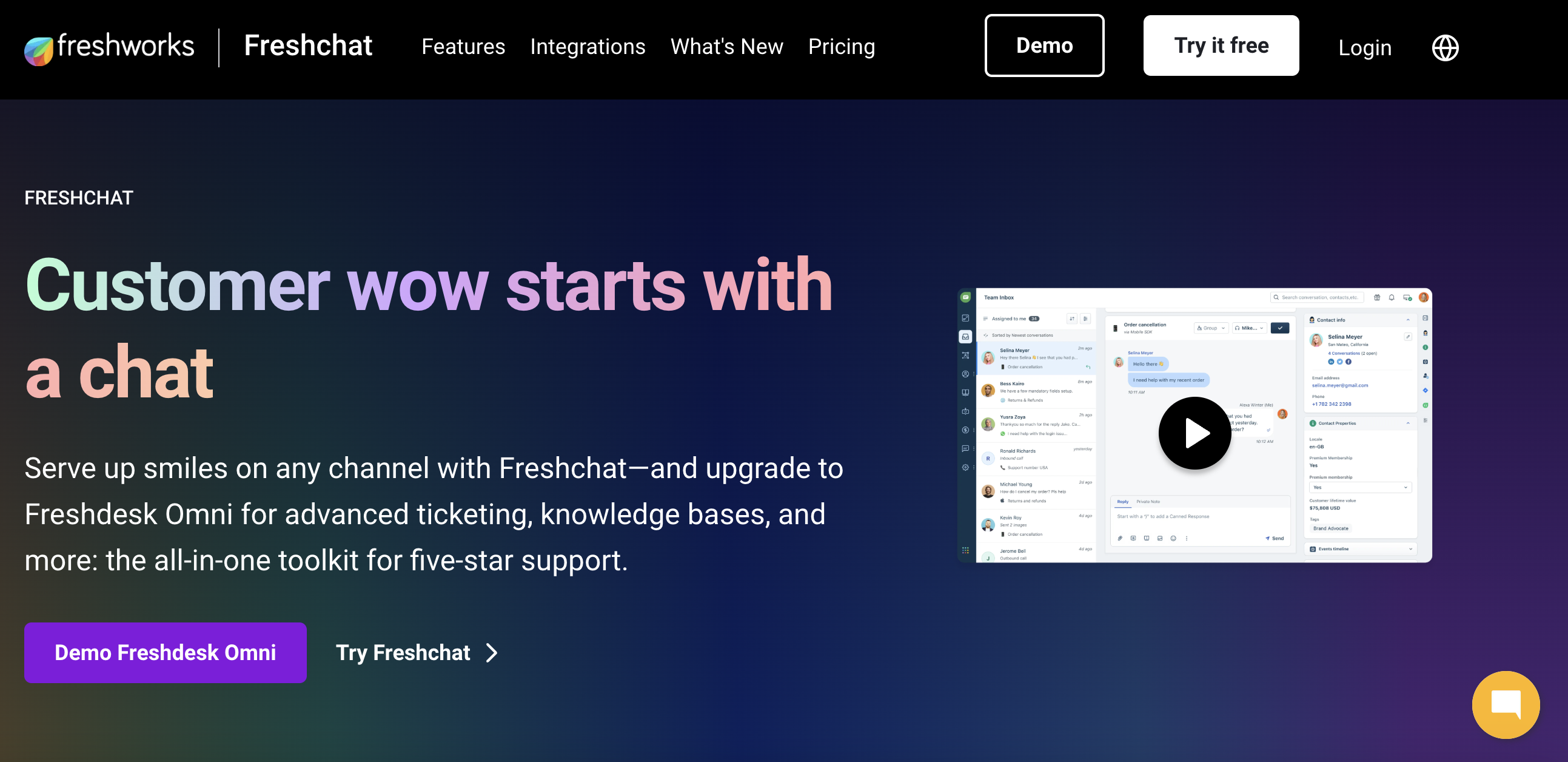 Screenshot of the landing page for Freshchat, an omnichannel chatbot that includes Instagram