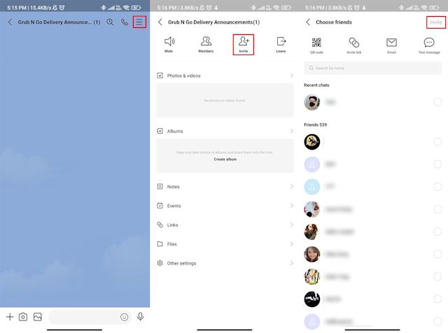 an image showing how to invite people to your LINE group chat