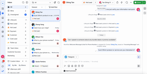 Gif showing how to track WhatsApp customer lifecycle in respond.io