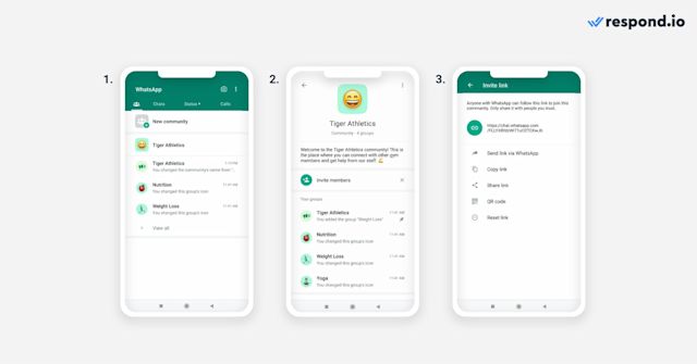 This image shows how to grow communities on WhatsApp using an invitation link. An admin must share the invite link to bring members into a WhatsApp community. This is possible from the WhatsApp app on your phone or desktop.