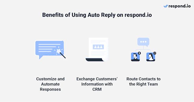 This is an image that shows the benefits of setting up auto replies on respond.io. First of all, you get to customize and automate responses based on customers' inquiries. You can also exchange information with your CRM and finally, you can also route contacts to the right team.